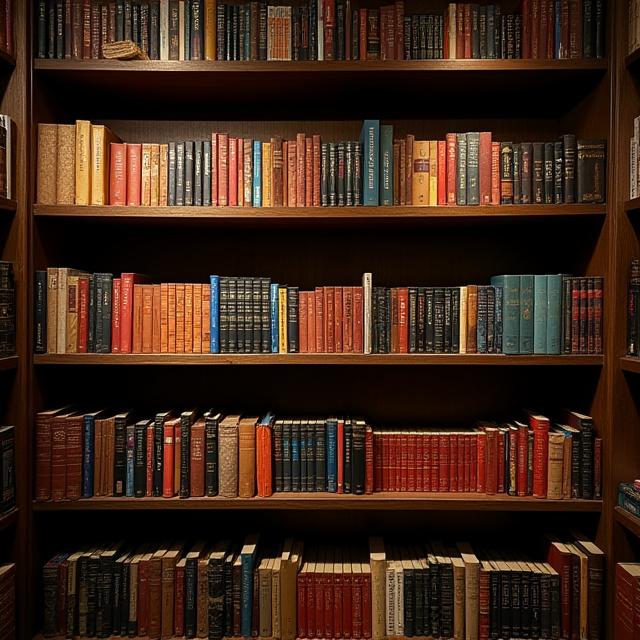 Scaffali in legno scuro pieni di libri colorati in una sezione della libreria.